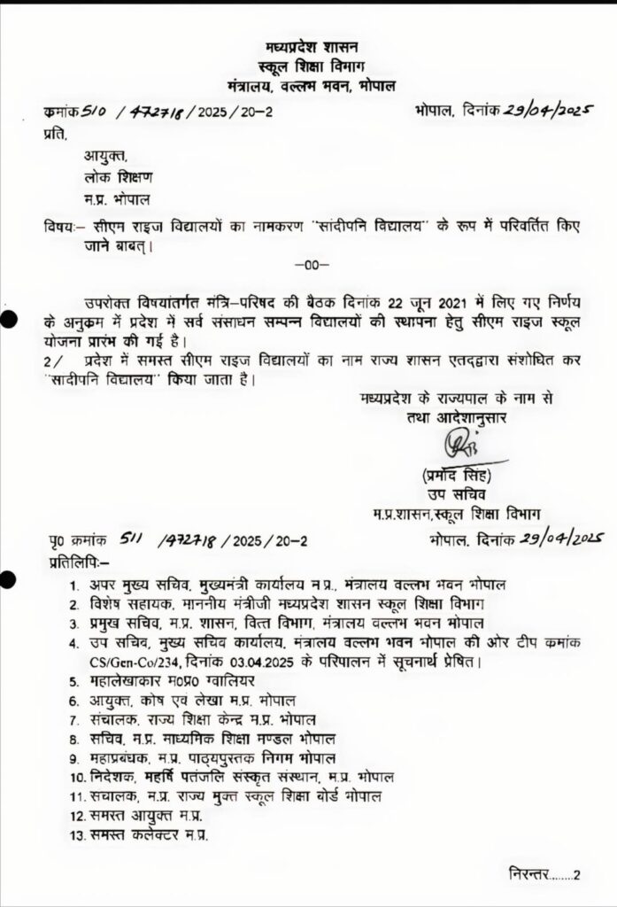 CM Rise School Name Changed Sandipani Vidyalaya